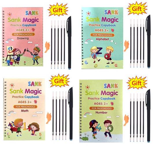 Pack Of 4 Pcs With 5 Refill Copybooks Pen Magic Copy Book Free Wiping Children's Kid Writing Sticker Practice Copybook For Calligraphy